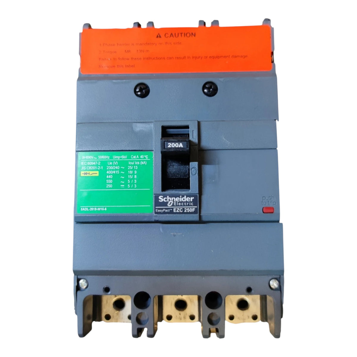 Schneider Electric ESC 250F 200A modular circuit breaker with a gray body, orange top handle cover, green specification label, and gold terminal blocks.