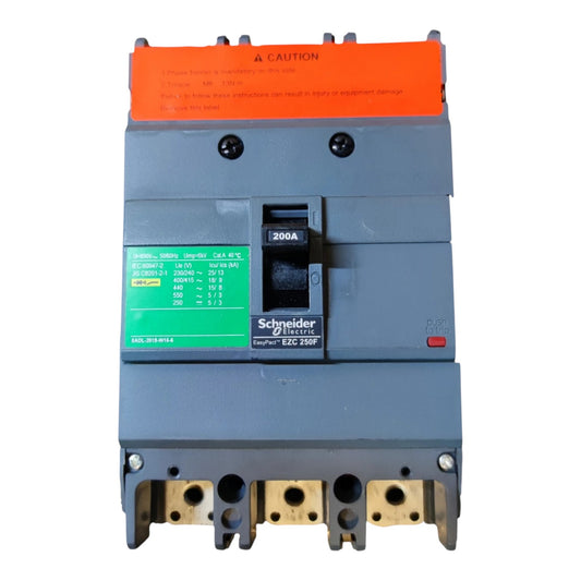 Schneider Electric ESC 250F 200A modular circuit breaker with a gray body, orange top handle cover, green specification label, and gold terminal blocks.