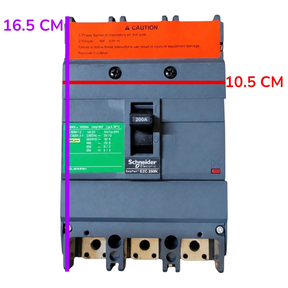 Schneider Electric EBD 250N circuit breaker with dimension overlays showing 16.5 cm height, 10.