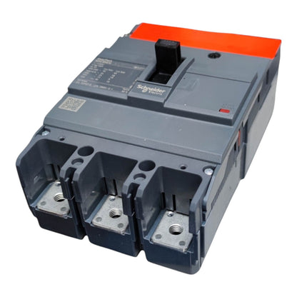 Schneider Electric industrial circuit breaker with a gray housing, orange top cover, and black handle, shown on a white background.
