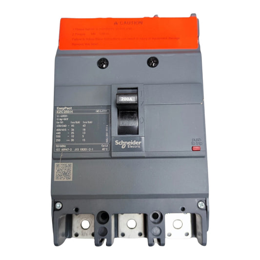Schneider Electric EmsaPack circuit breaker model EGS200M, featuring a dark gray plastic housing, a black central switch, and a bright orange top cover with printed safety text.