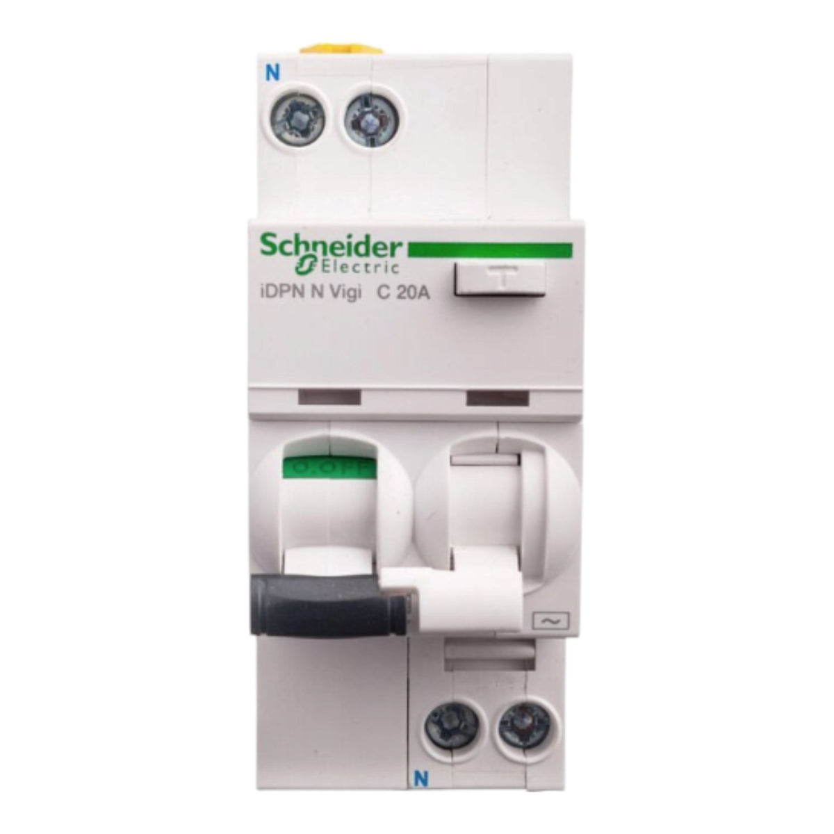 Schneider Electric IDPN N Vigi C 20A modular circuit breaker, white plastic housing with green and black details, shown on a plain white background.