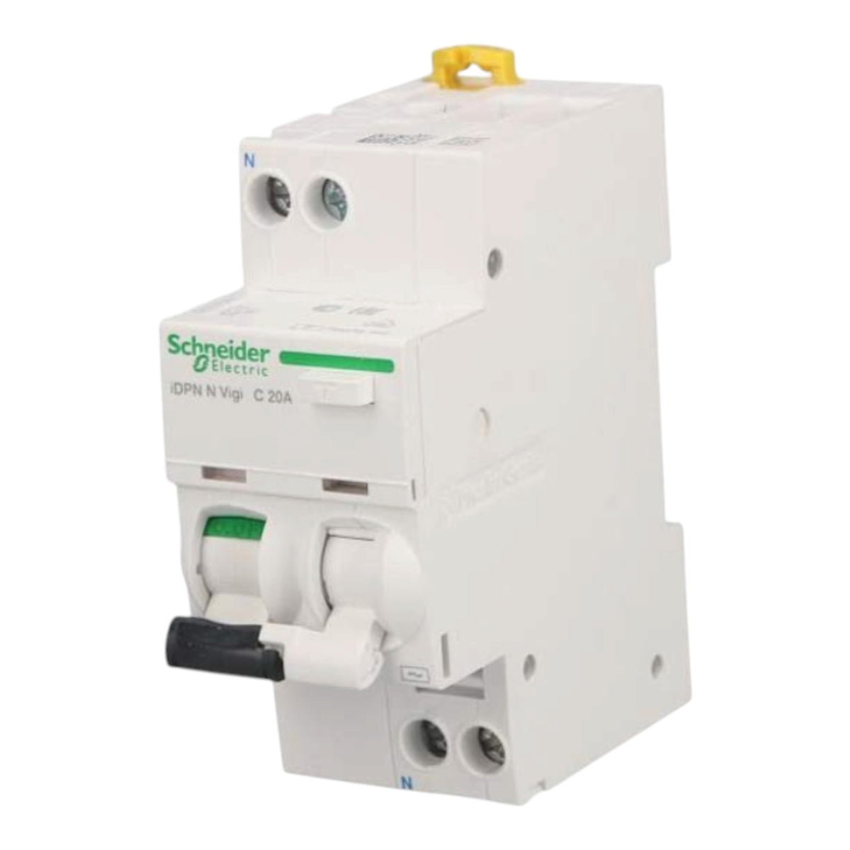 Schneider Electric GPN N Vigi C 20A modular circuit breaker in white plastic with green and black details, shown on a white background.