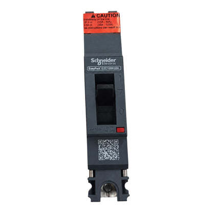 Schneider Electric EasyFast EPC150M 63A circuit breaker module, featuring a dark gray plastic housing, a black switch handle, an orange warning label at the top, and a QR code on the front.