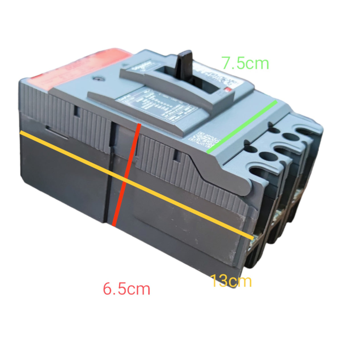 A gray electrical breaker or switch component shown on a white background with overlaid dimension lines and text reading 6.5cm, 7.