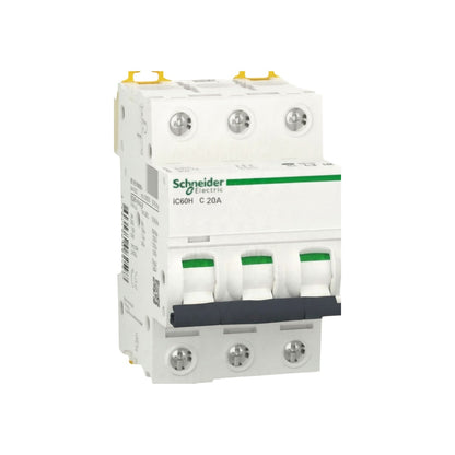 Schneider Electric IC60H C 20A modular circuit breaker, white plastic housing with green accents and a dark gray handle, shown on a plain white background.