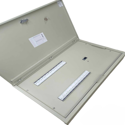 Schneider 20 branch circuit breaker panel with open metal cover and two bus bars inside