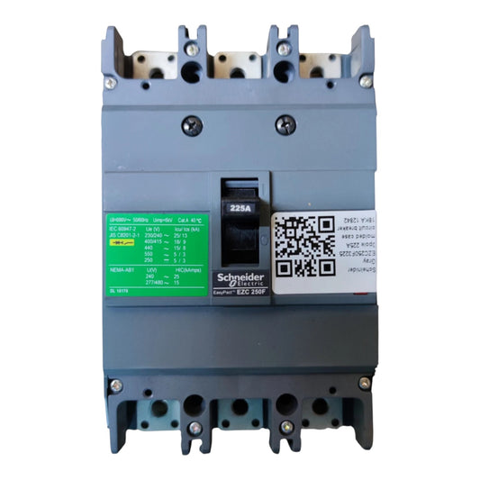 Schneider Electric 225A modular circuit breaker, model CS 400M-AB1, featuring a gray plastic housing, a green technical specification label, and a white QR code sticker.