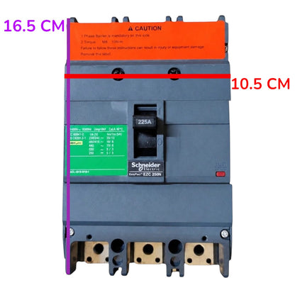 Schneider Electric ETC 250N circuit breaker with dimension overlays showing 16.5 cm height and 10.