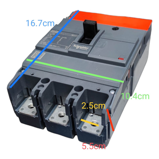 Schneider Electric circuit breaker with overlaid blue, green, yellow, and red dimension lines and text showing measurements in centimeters on a white background.