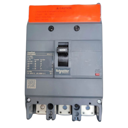 Schneider Electric EasyPart 220A circuit breaker with a gray plastic body, orange top handle cover, and black switch, shown on a white background.