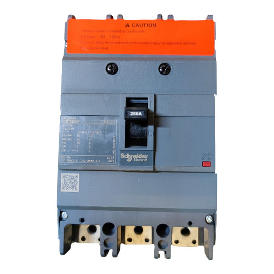 Schneider Electric DUS200T electrical circuit breaker with a gray plastic housing, orange top label, and gold-colored terminal blocks at the bottom, shown against a plain white background.