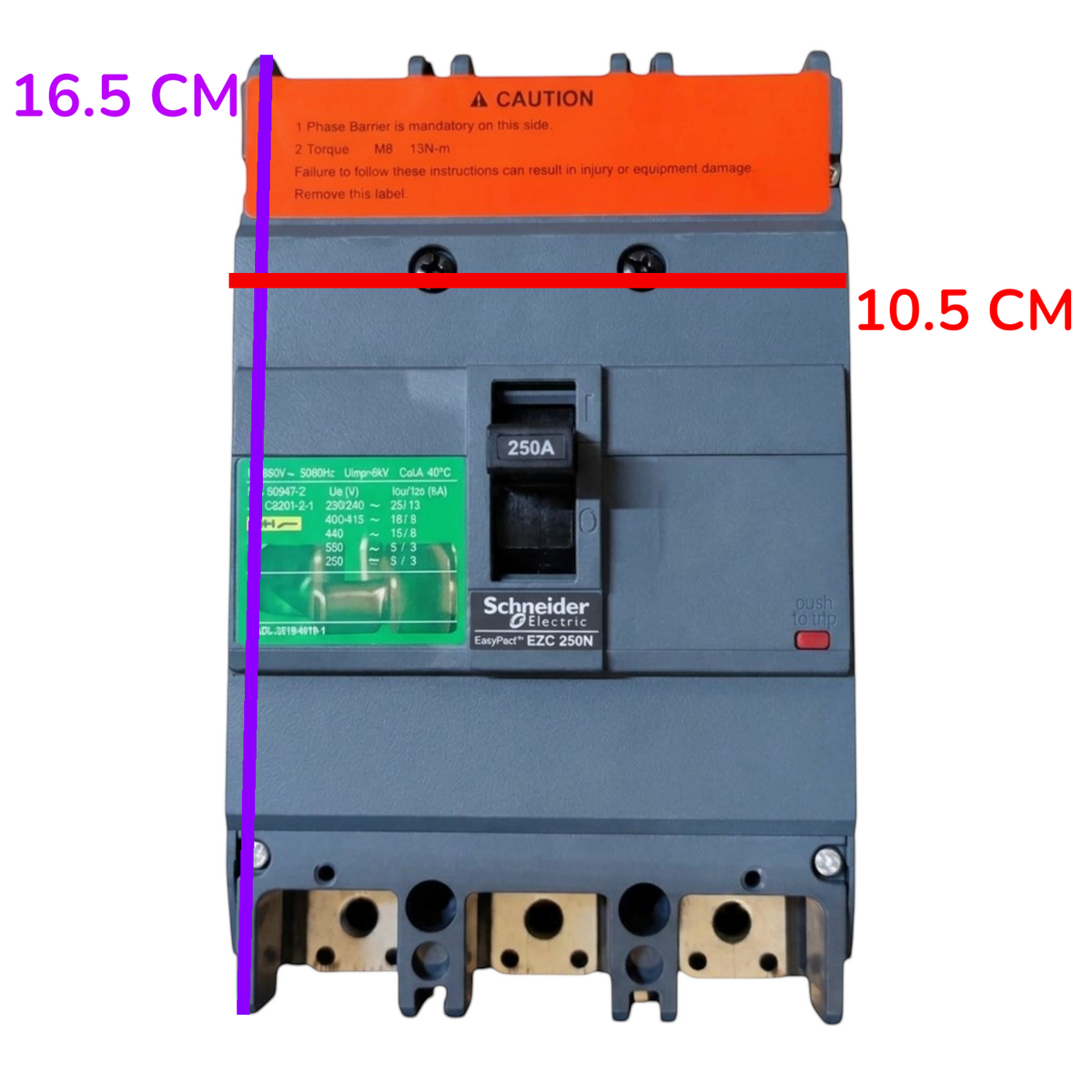 Schneider Electric ETC 250M circuit breaker with dimension overlays showing 16.5 cm height, 10.