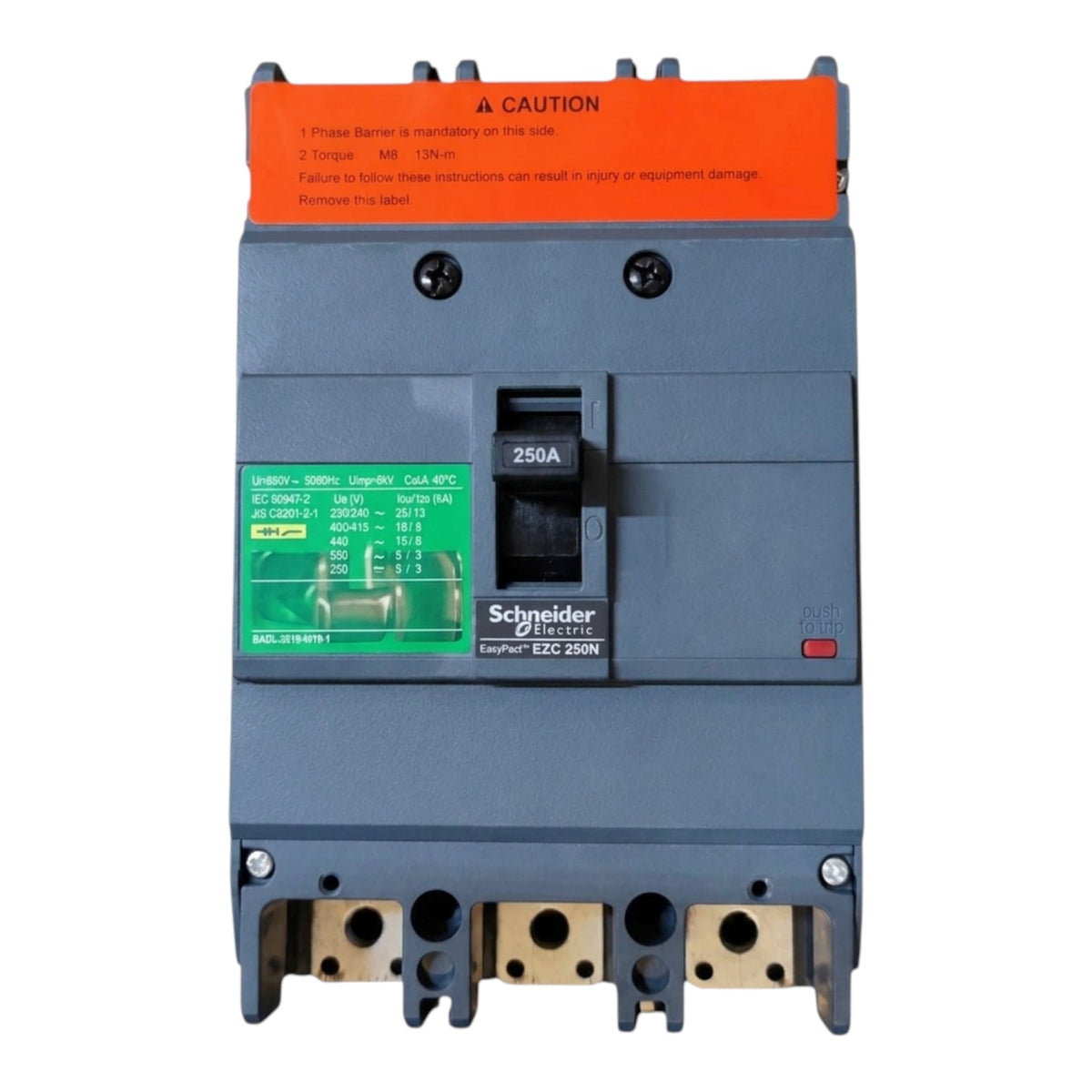 Schneider Electric EDC 250N circuit breaker with a dark gray housing, orange top warning label, green technical specification sticker, and gold-colored terminal blocks at the bottom, shown on a white background.