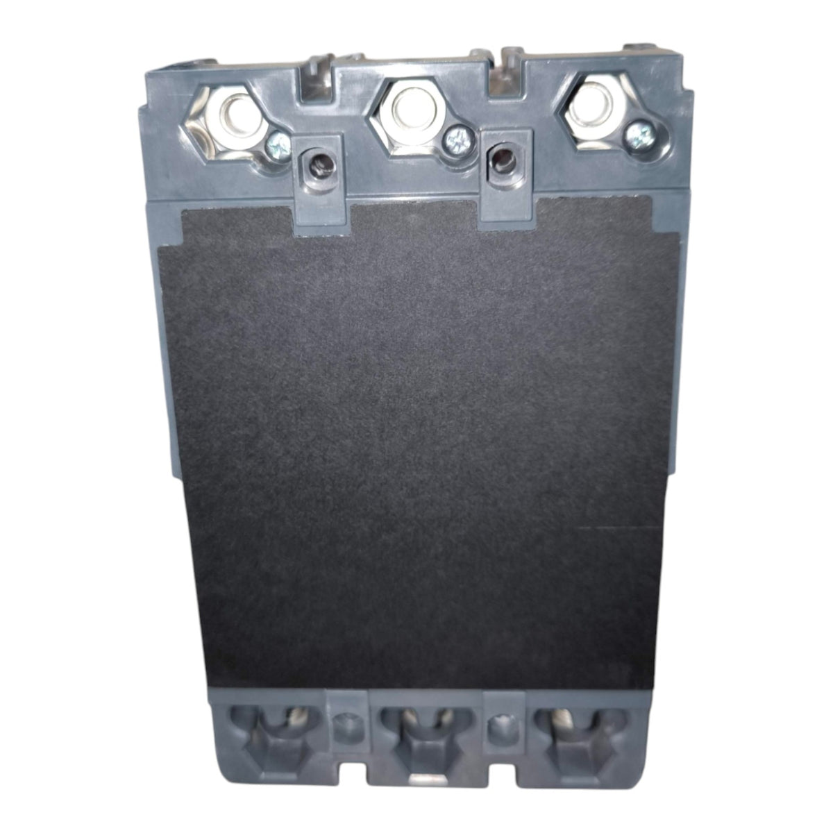 A heavy-duty industrial electrical contactor or relay component with a large black central terminal block, gray plastic housing, and three silver screw terminals at the top, shown against a plain white background.