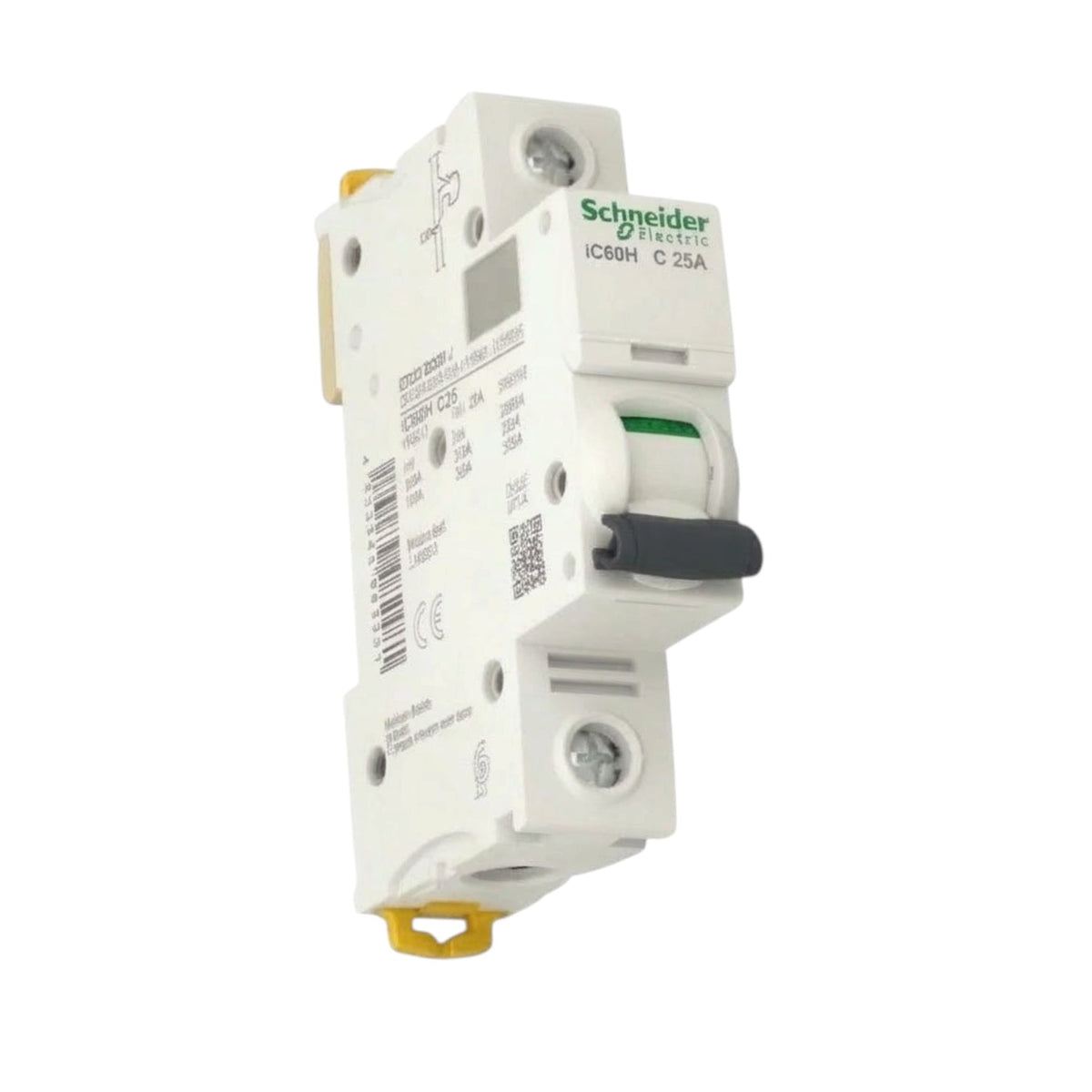 Schneider Electric iC60H C 25A modular circuit breaker, white plastic housing with a black switch handle and green brand logo, shown on a plain white background.