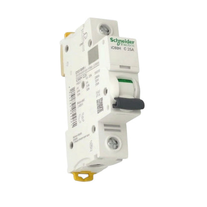 Schneider Electric iC60H C 25A modular circuit breaker, white plastic housing with a black switch handle and green brand logo, shown on a plain white background.