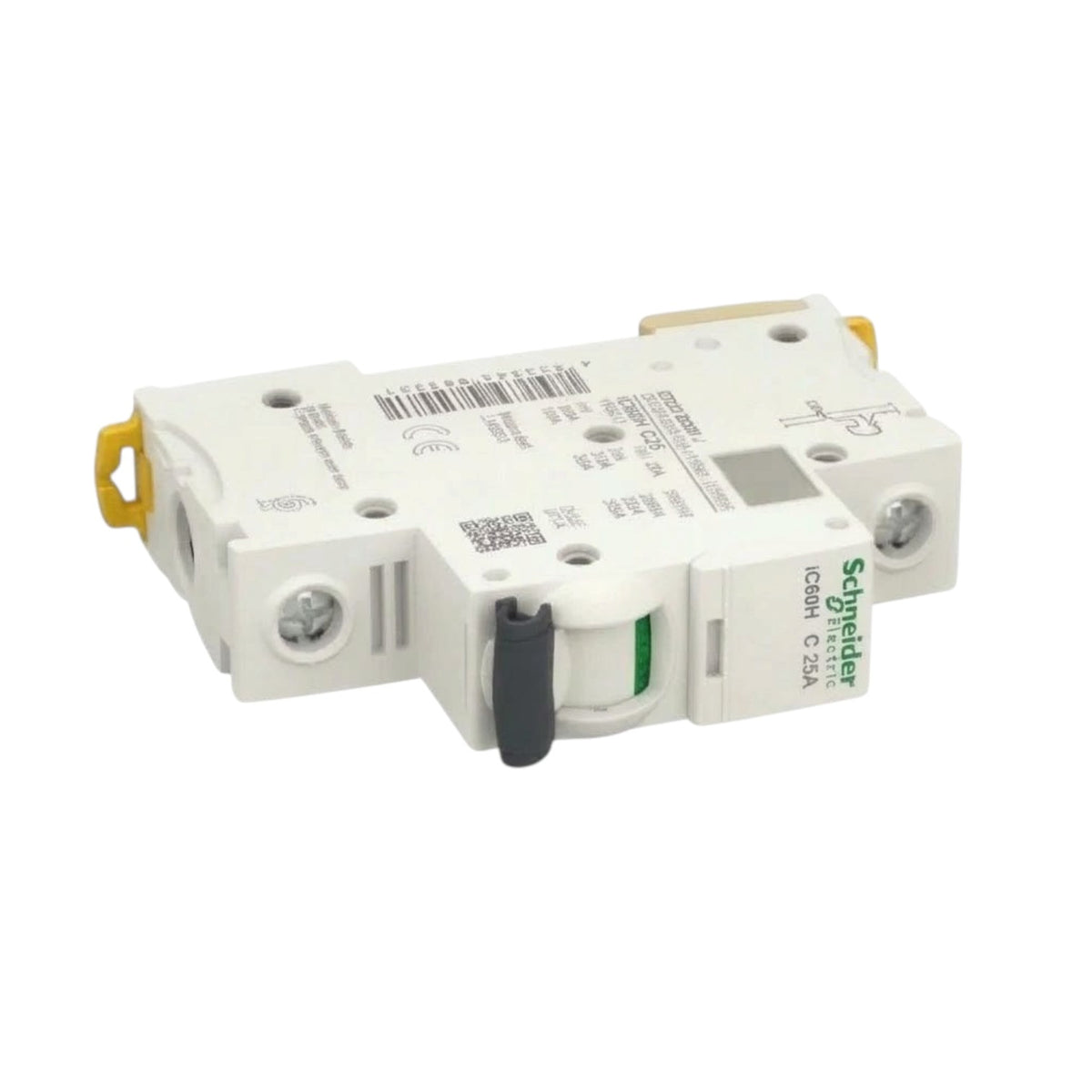 Schneider LCB1 C 20A modular circuit breaker with white plastic housing, yellow terminal caps, and a black switch handle, shown on a white background.