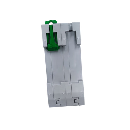 Gray toy track with green connector on a white background