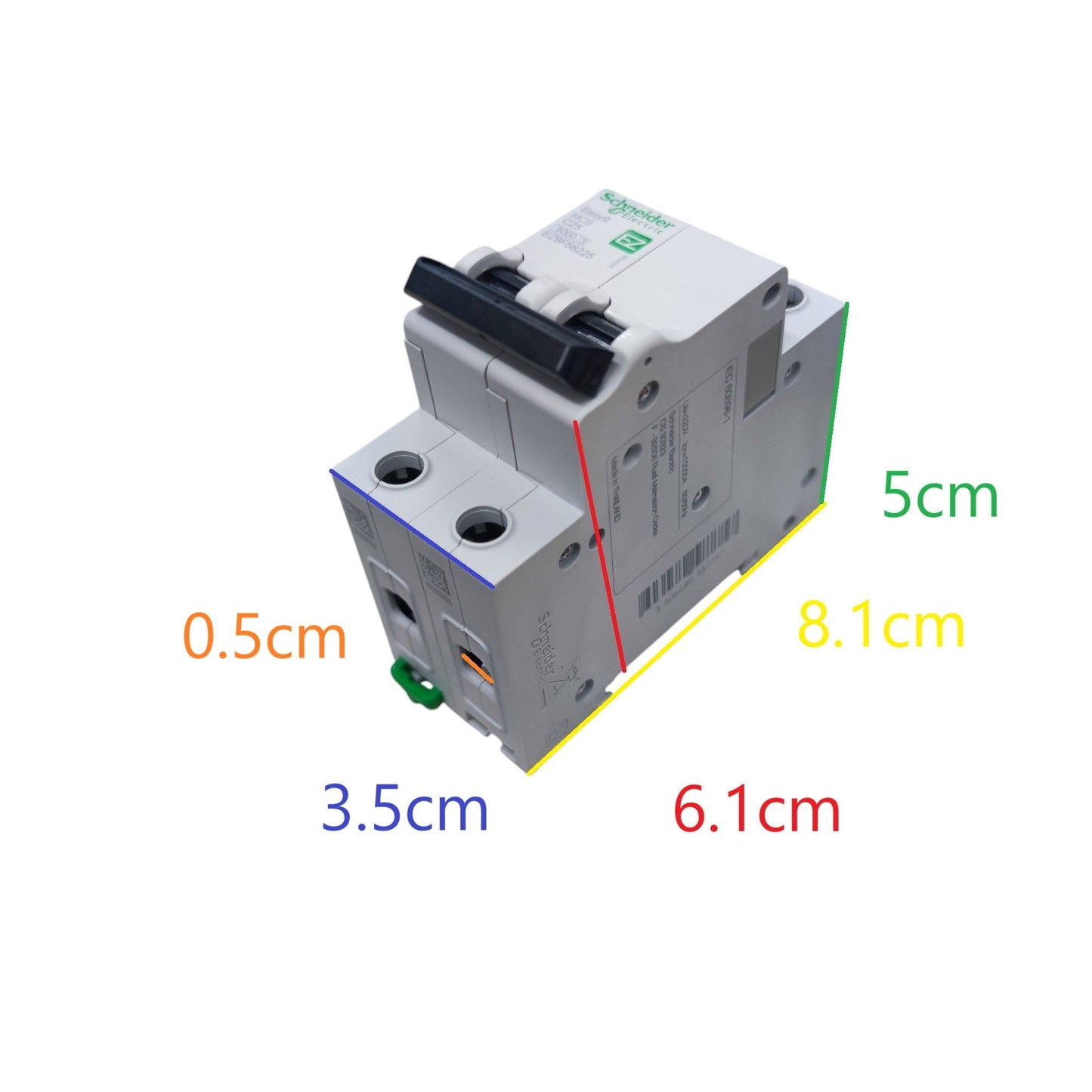 Circuit breaker with dimensions labeled on a white background