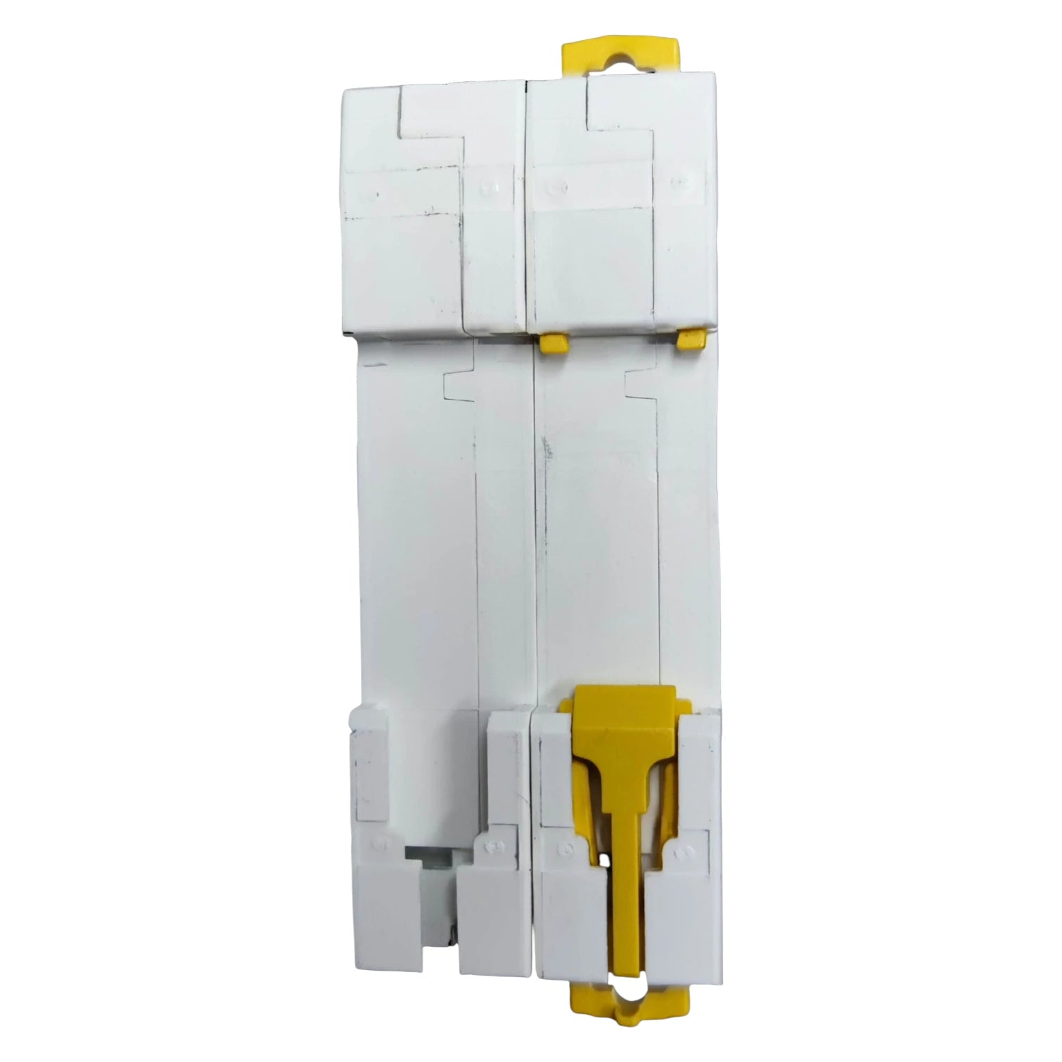 White electrical circuit breaker with yellow accents on a white background
