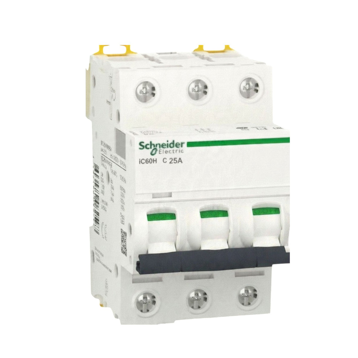 Schneider Electric IC60H C 25A modular circuit breaker, white plastic housing with green and black details, shown on a plain white background.