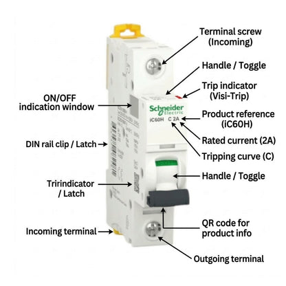 Schneider 2A 1 Pole 15KAIC 220V Miniature Circuit Breaker A9F84102 iC60H C 2A