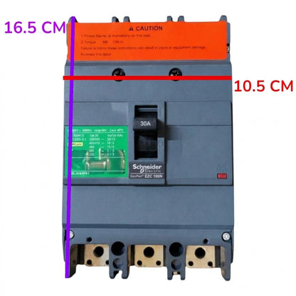 Schneider Electric ELC100N circuit breaker with dimension overlays showing 16.5 cm height and 10.