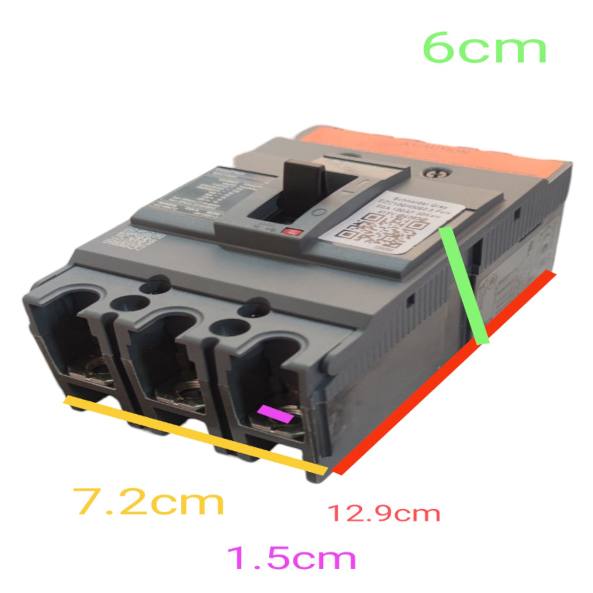 A gray electrical breaker or switch component shown on a white background with overlaid dimension labels: 6cm, 7.2cm, 12.