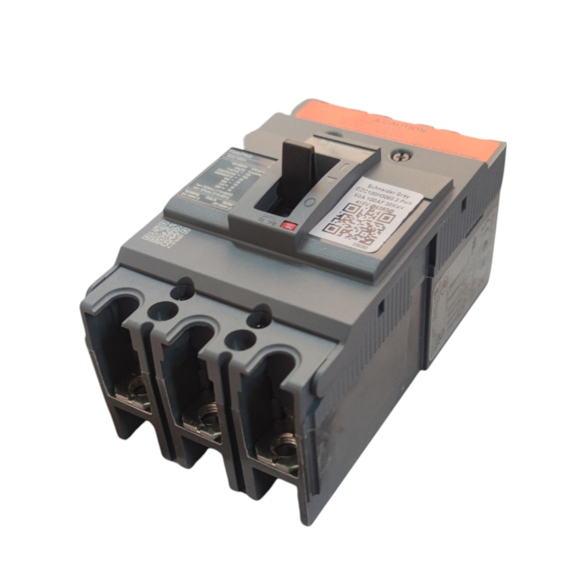 A gray electrical circuit breaker with a black switch handle and an orange top accent, photographed on a plain white background.