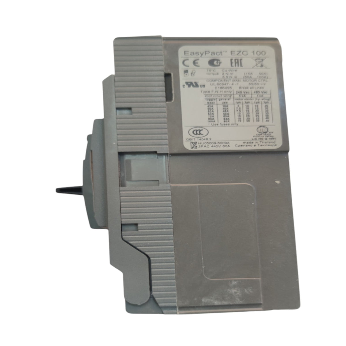 EasyPedact F7C 100 modular electrical contactor module, gray plastic housing with a white technical specification label.