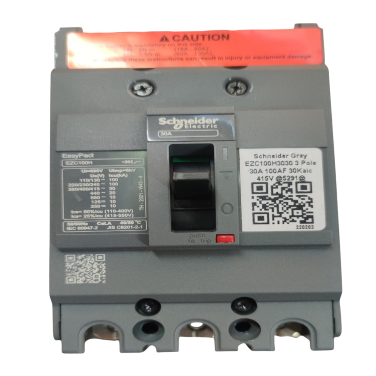 Schneider Electric EasyPact E2CC10003 3 Pole circuit breaker in grey plastic with a red top label and black switch, shown on a white background.