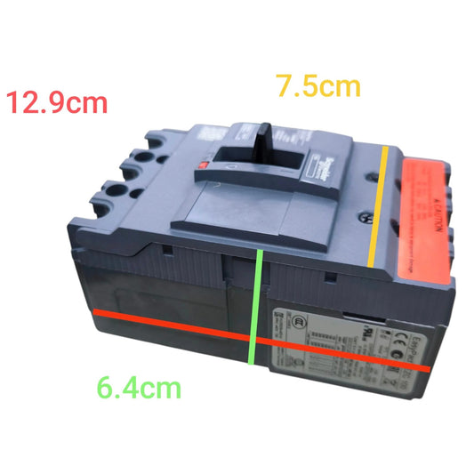 A dark gray electrical circuit breaker with overlaid dimension lines and text showing measurements of 12.9cm, 7.