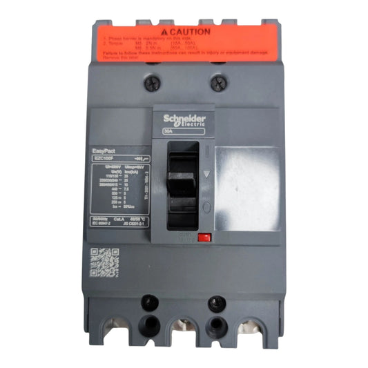 Schneider Electric EasyPost ELC2000 60A modular circuit breaker in gray plastic with an orange-red top handle cover and black switch, shown on a white background.