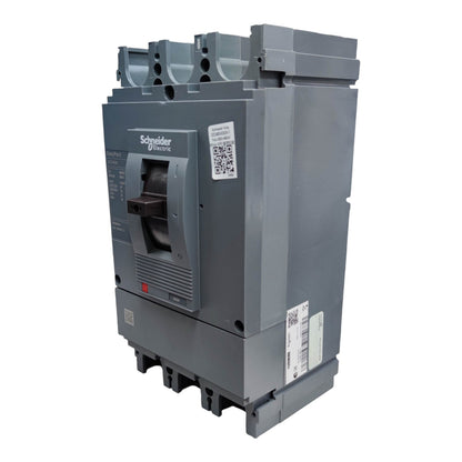 Schneider Electric industrial electrical switchgear unit in gray, featuring a front handle, terminal blocks, and stickers on a plain white background.