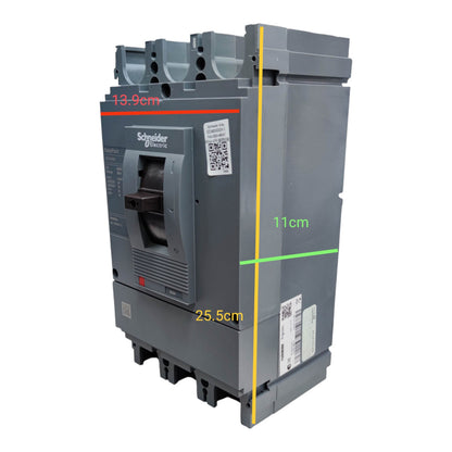 Schneider Electric industrial electrical switchgear with overlaid dimension lines and measurements (13.9cm, 11cm, 25.