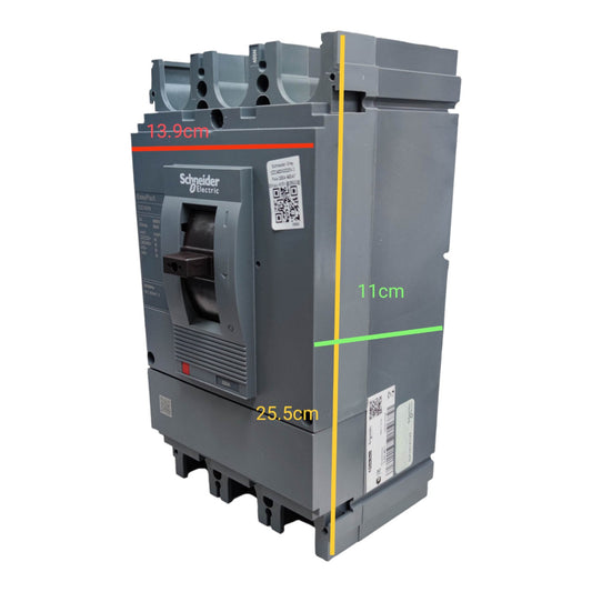Schneider Electric industrial electrical switchgear with overlaid dimension lines and measurements (13.9cm, 11cm, 25.