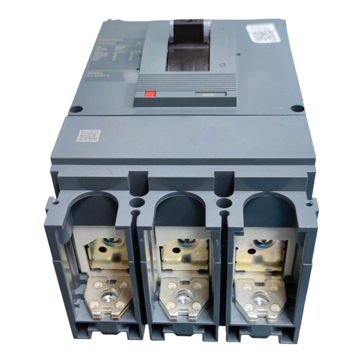 A three-phase industrial electrical contactor with open front covers, showing brass terminal blocks and metal contacts, on a solid white background.