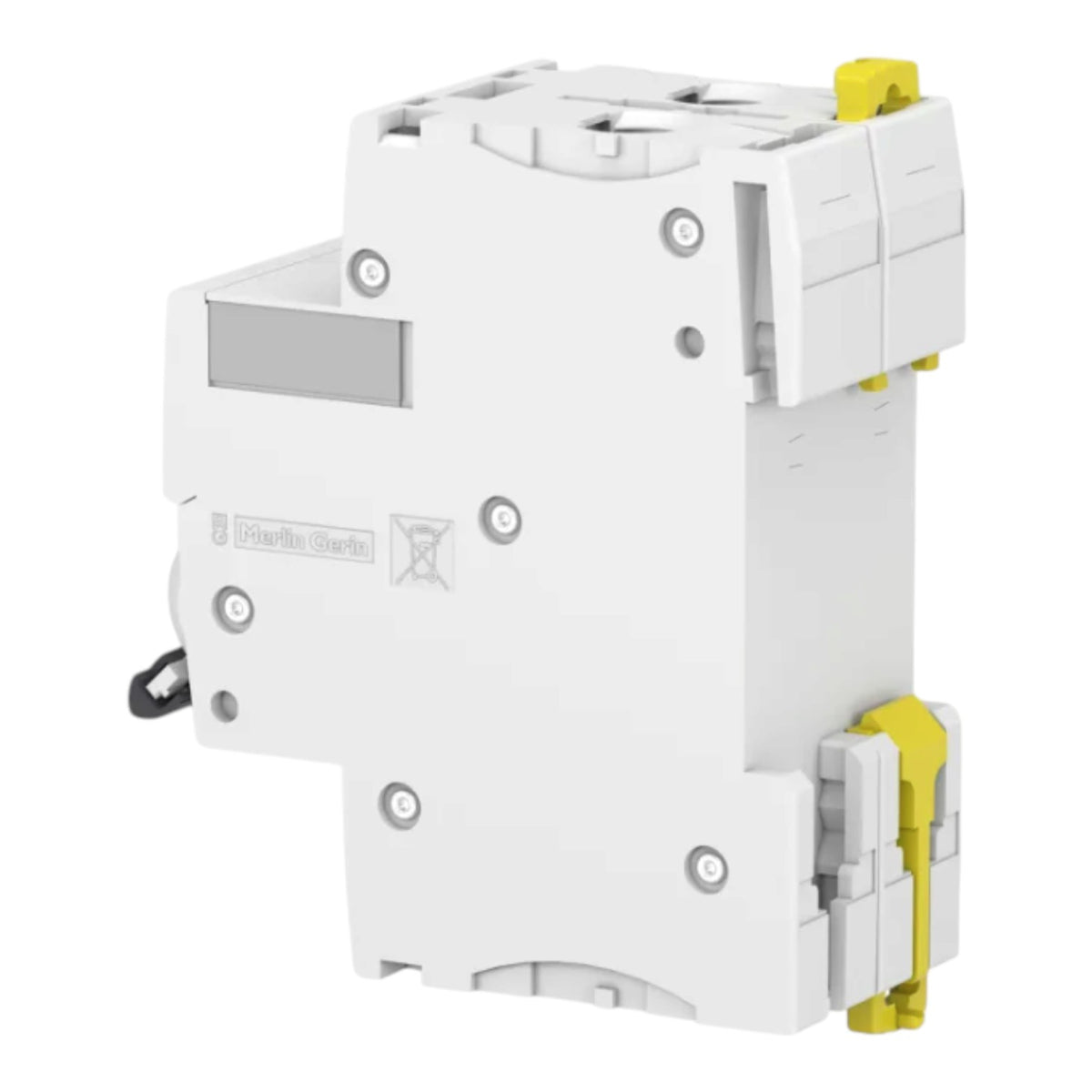A white Schneider Electric circuit breaker with yellow and gray accents, shown on a plain white background.