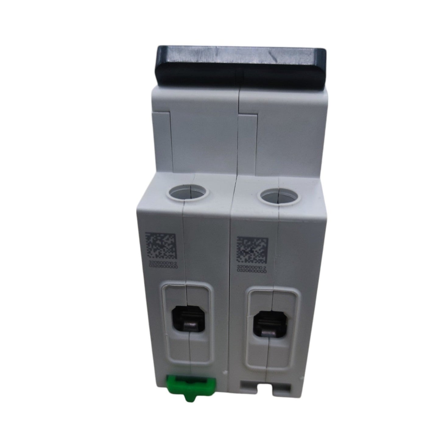 Two gray electrical connectors with black ends on a white background