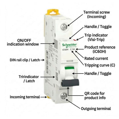 Schneider 3A 1 Pole 15KAIC 220V Miniature Circuit Breaker A9F84103 iC60H C 3A