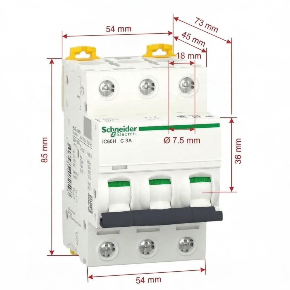 Schneider Electric IC60H C 3A modular contactor with overlaid dimension lines and measurements in millimeters on a white background.