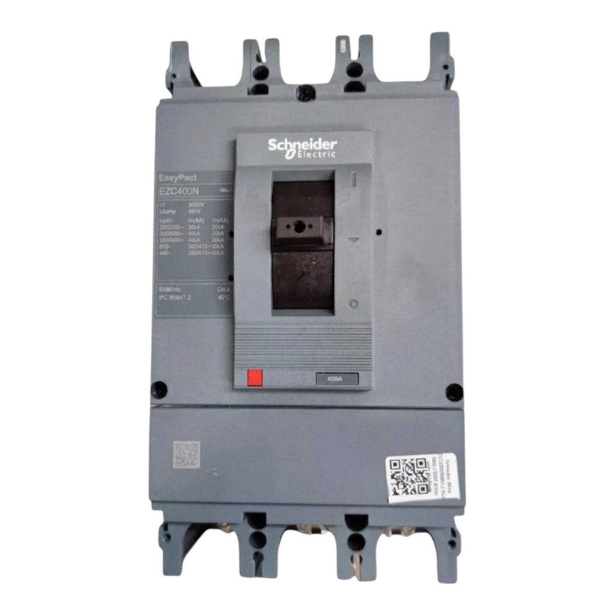 Schneider Electric EasyPlaat ELC40/4 N modular electrical contactor in gray plastic with a front switch panel, terminal blocks, and a small red emergency stop button.