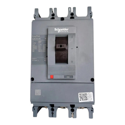 Schneider Electric EasyPlaat ELC40/4 N modular electrical contactor in gray plastic with a front switch panel, terminal blocks, and a small red emergency stop button.