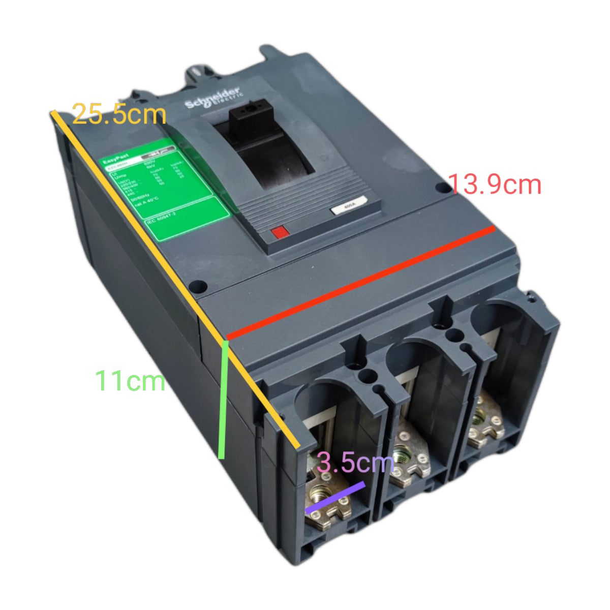 A Schneider Electric industrial electrical contactor shown on a white background with overlaid dimension lines and measurements in centimeters.