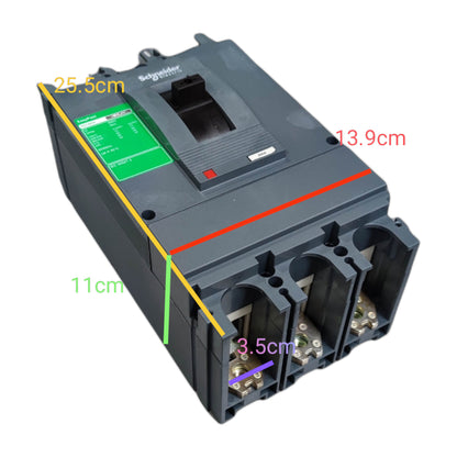 A Schneider Electric industrial electrical contactor shown on a white background with overlaid dimension lines and measurements in centimeters.