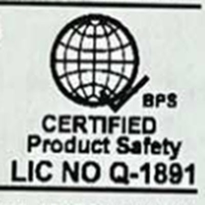 A black-and-white certification graphic with a globe icon, the text 'BPS', 'CERTIFIED Product Safety', and 'LIC NO Q-1891'.
