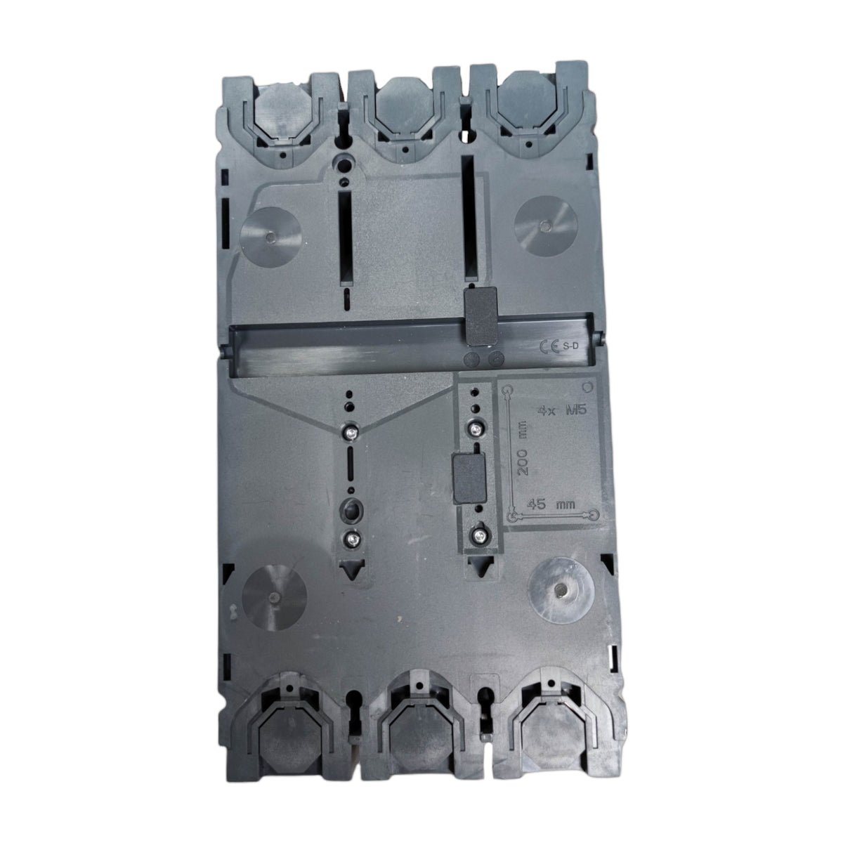 A gray plastic modular electrical component or terminal block, photographed from the front against a plain white background.