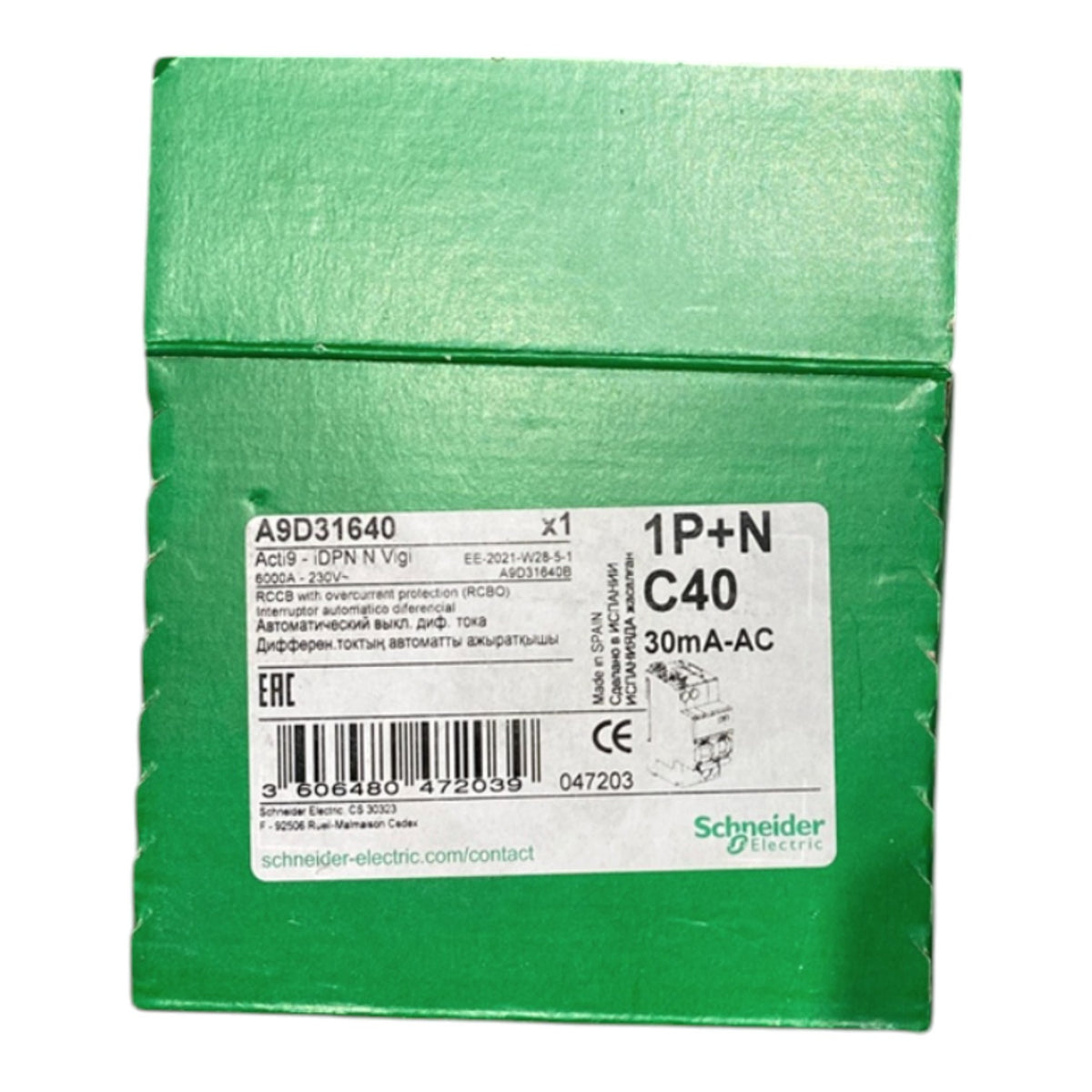 Schneider 40A 1P+N 30mA 240Vac Residual Current Circuit Breakers RCBO Miniature Type with Overload Protection A9D31640 Electx Electrical Supply