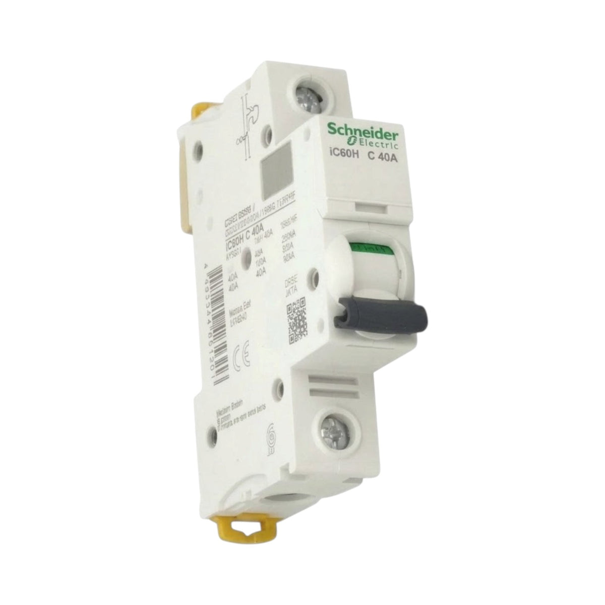 Schneider Electric ICB8H C-40A modular circuit breaker, white plastic housing with a black switch handle and green brand logo, shown on a white background.